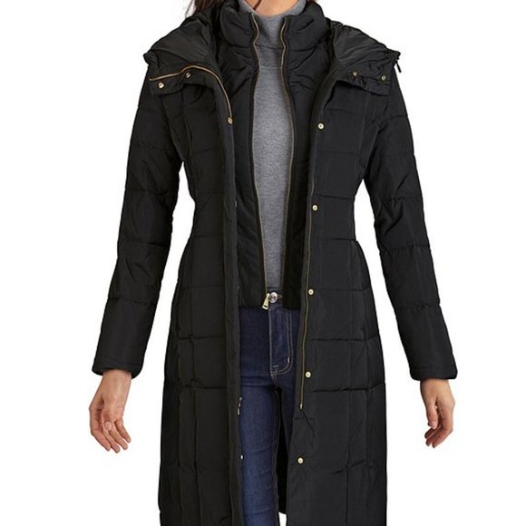 $300 COLE HAAN Puffer Zip Bib Insert Hooded Down parka coat Jacket black L - Picture 2 of 13